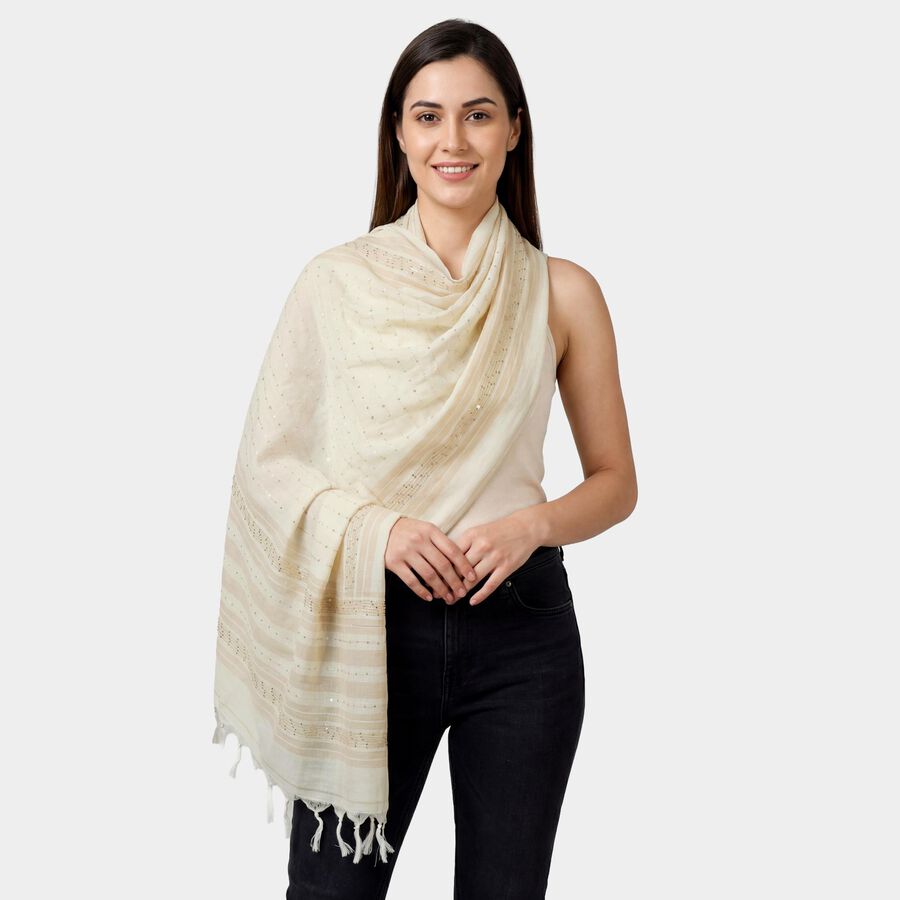 Women's Beige Striped Sequin Work Dupatta, गहरा पीला, large