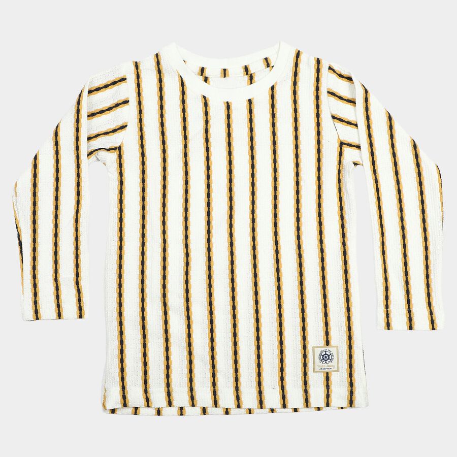 Boys White Crew Neck Regular Striped T-Shirt, White, large