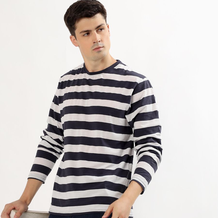 Men's Navy and White Crew Neck Casual T-Shirt, मध्यम नीला, large image number null