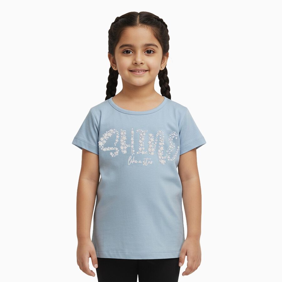 Girls Light Powder Blue Cotton Round Neck Casual T-Shirt, हल्का नीला, large