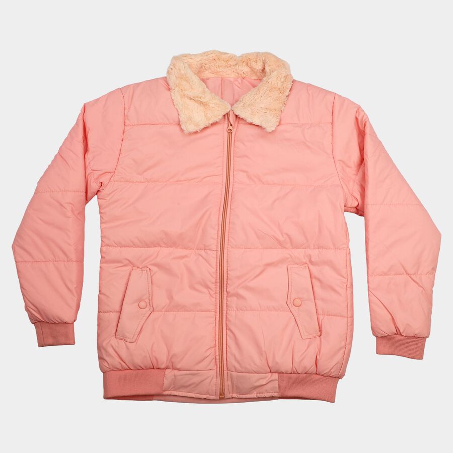 Girls' Pink Faux Fur Collar Puffer Jacket, Pink, large