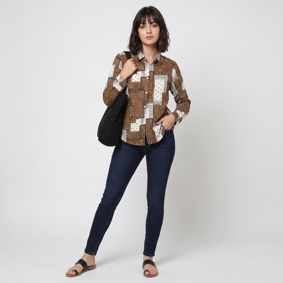 Women's Khaki Printed Collared Shirt, खाकी, large