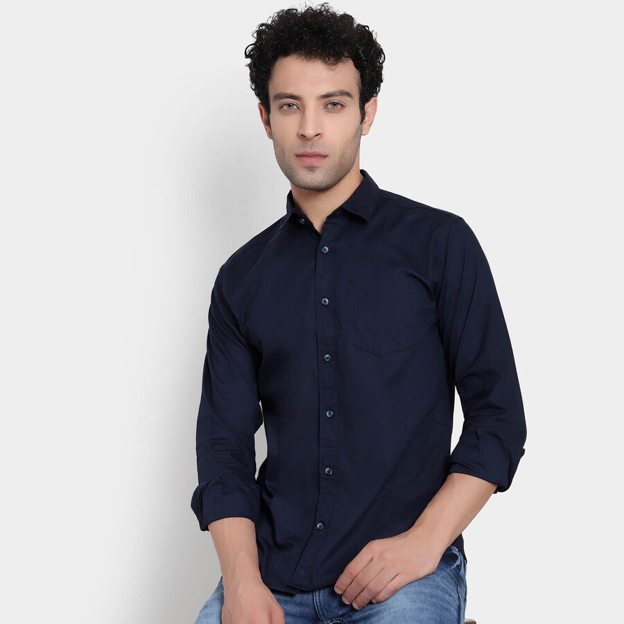 Cotton Solid Casual Shirt, Navy Blue, large image number null