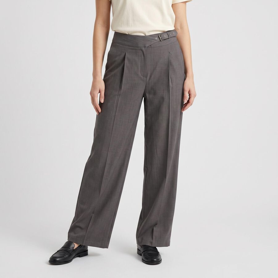 Women's Grey Wide Leg Belted Trousers, गहरा ग्रे, large