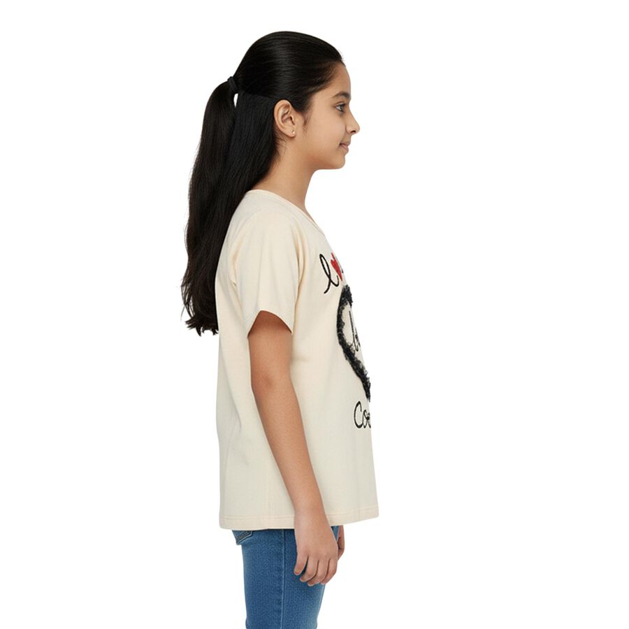 Girls' Beige Cotton Round Neck Graphic T-Shirt, Beige, large