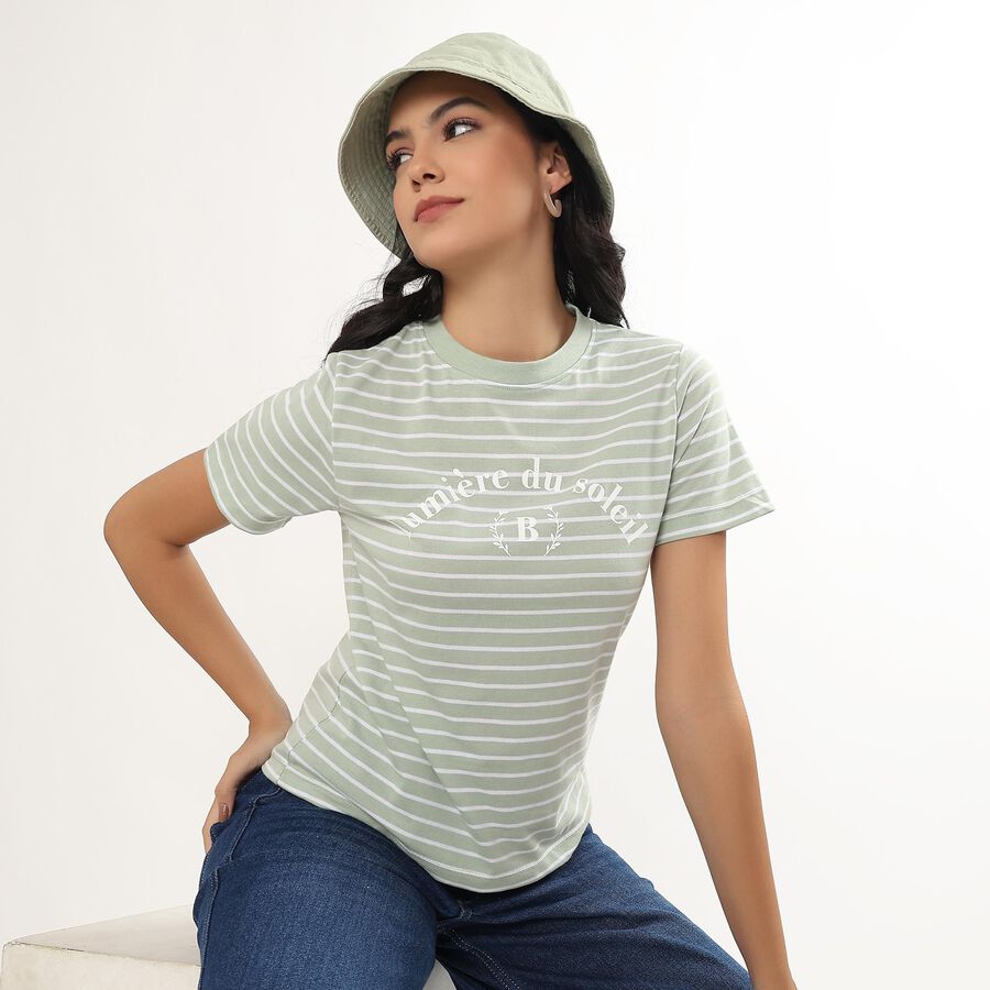 Women's Light Sage Green Round Neck Striped T-Shirt, Light Green, large image number null