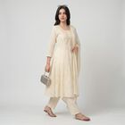 Women's Cream Cotton Embellished Kurta Set Ethnic Set, ऑफ व्हाइट, small