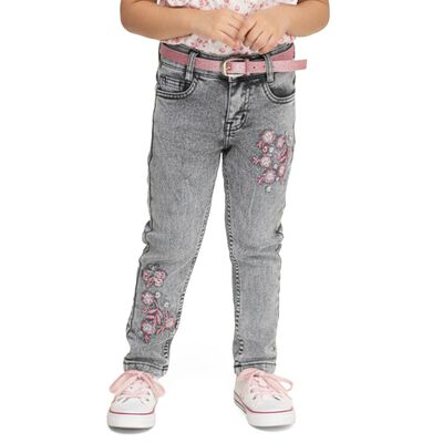 Girls Light Washed Grey Slim Fit Embroidered Jeans