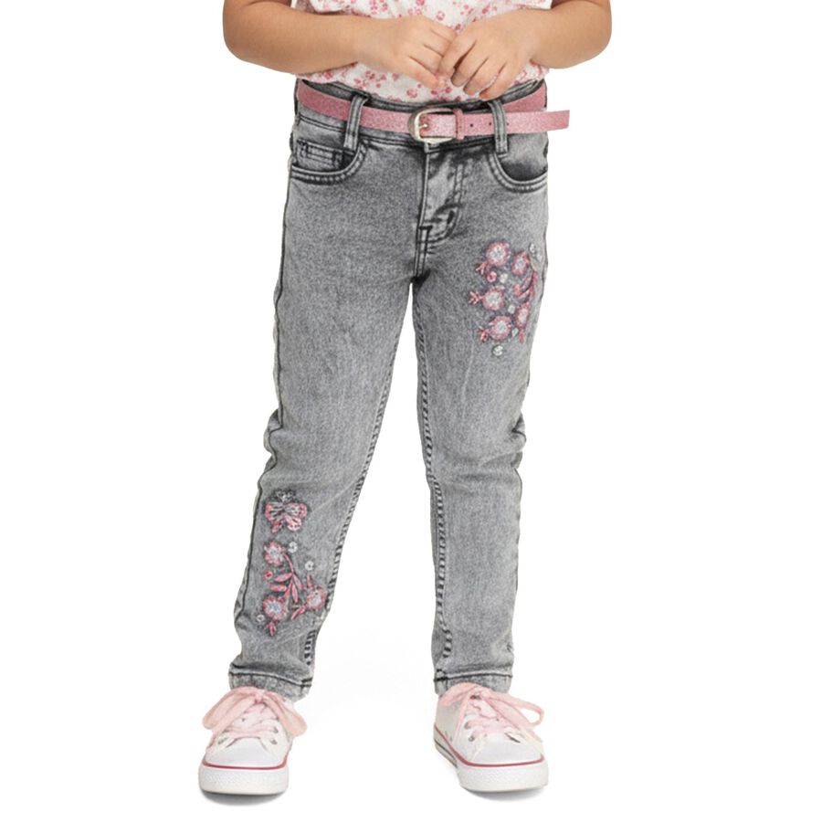 Girls Light Washed Grey Slim Fit Embroidered Jeans, हल्का ग्रे, large image number null