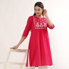 Women's Fuchsia White Cotton Notch Neck Printed Kurta, रानी (फ्यूशिया), small
