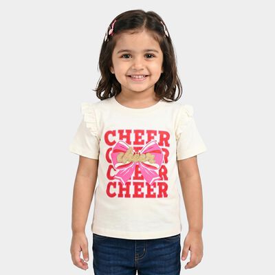 Girls Off White Cotton Round Neck Regular T-Shirt