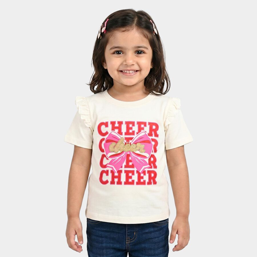 Girls Off White Cotton Round Neck Regular T-Shirt, Off White, large
