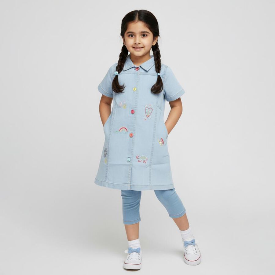 Girls' Light Sky Blue Embroidered Short Sleeve Denim Frock, Light Blue, large image number null