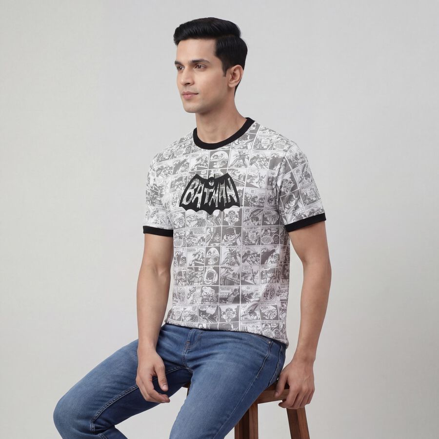 Men's White Cotton Round Neck Casual T-Shirt, White, large