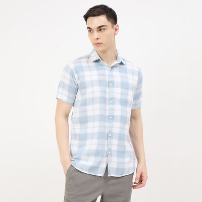 Men's Blue Cotton Half Sleeve Spread Collar Casual Shirt