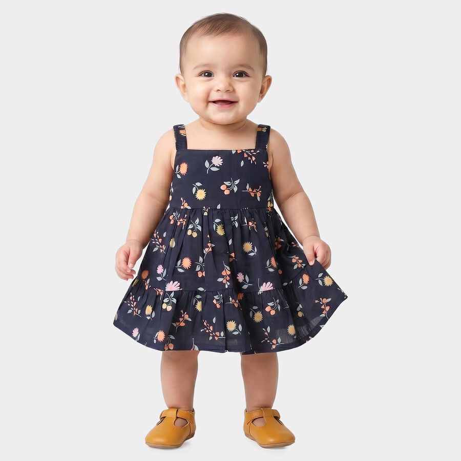 Infants' Navy Blue Tiered Floral Printed Frock, नेवी ब्लू, large