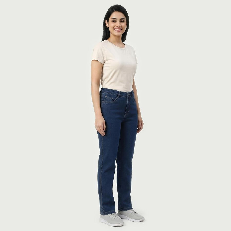 Women's Navy Blue Straight Fit Classic Jeans, मध्यम नीला, large