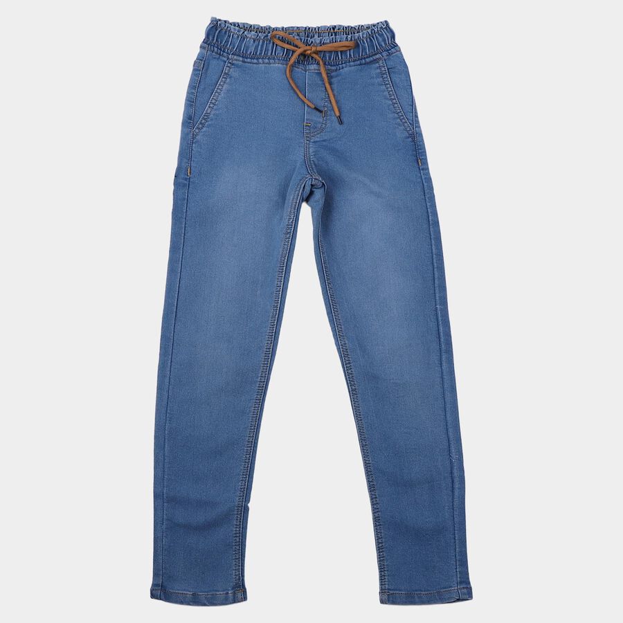 Boys Light Blue Drawstring Waist Jeans, मध्यम नीला, large