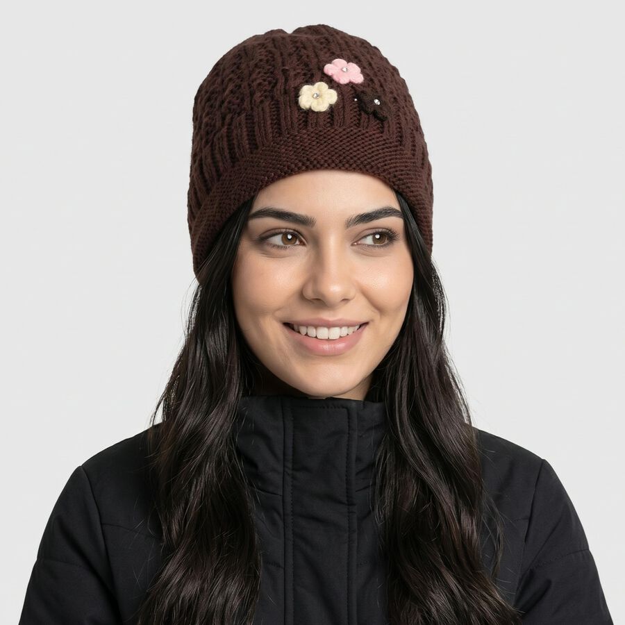 Women's Brown Floral Embellished Beanie Cap, भूरा, large