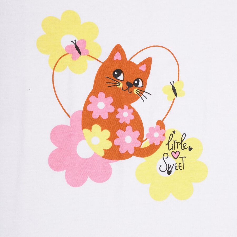 Girls' White Cotton Round Neck Cat Graphic Baba Suit, White, large image number null