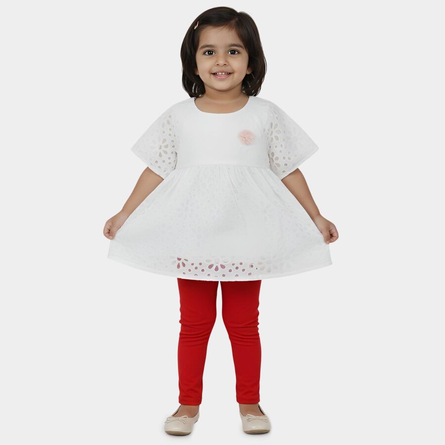 Girls White Round Neck Casual Dress, White, large