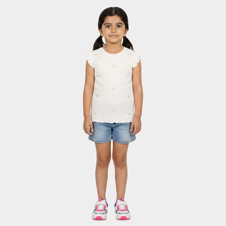Girls White Round Neck Casual T-Shirt, White, large