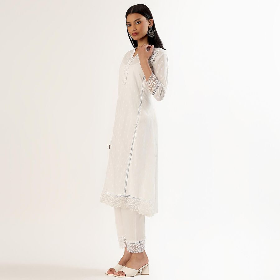 Women's White Cotton Notch Neck Self Design Kurta, Off White, large