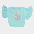 Girls' Mint Green Round Neck Graphic Printed Ruffle Sleeve T-Shirt, हल्का हरा, small