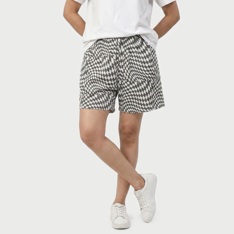 Women's Grey Regular Fit Printed Shorts, गहरा ग्रे, large
