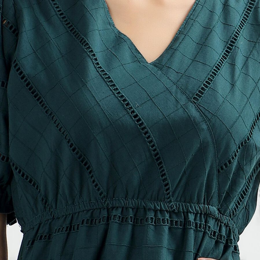 Women's Deep Forest Green Cotton V-Neck Empire Dress, Dark Green, large image number null