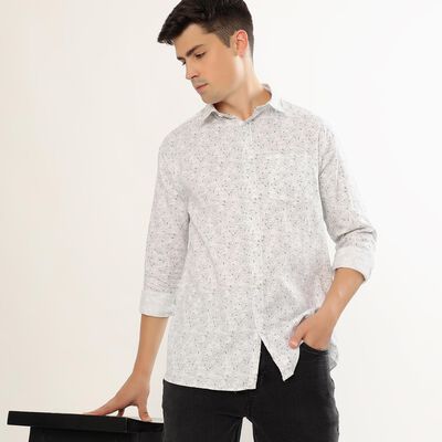 Men's Rich Eggshell White Floral Classic Casual Shirt