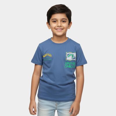 Boys' Navy Blue Round Neck Graphic Printed T-Shirt