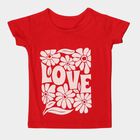 Girls' Red Cotton Blend Round Neck Casual Printed T-Shirt, Red, small