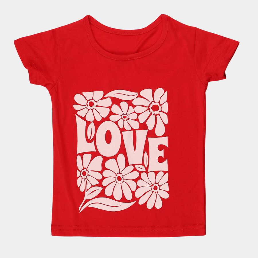 Girls' Red Cotton Blend Round Neck Casual Printed T-Shirt, Red, large