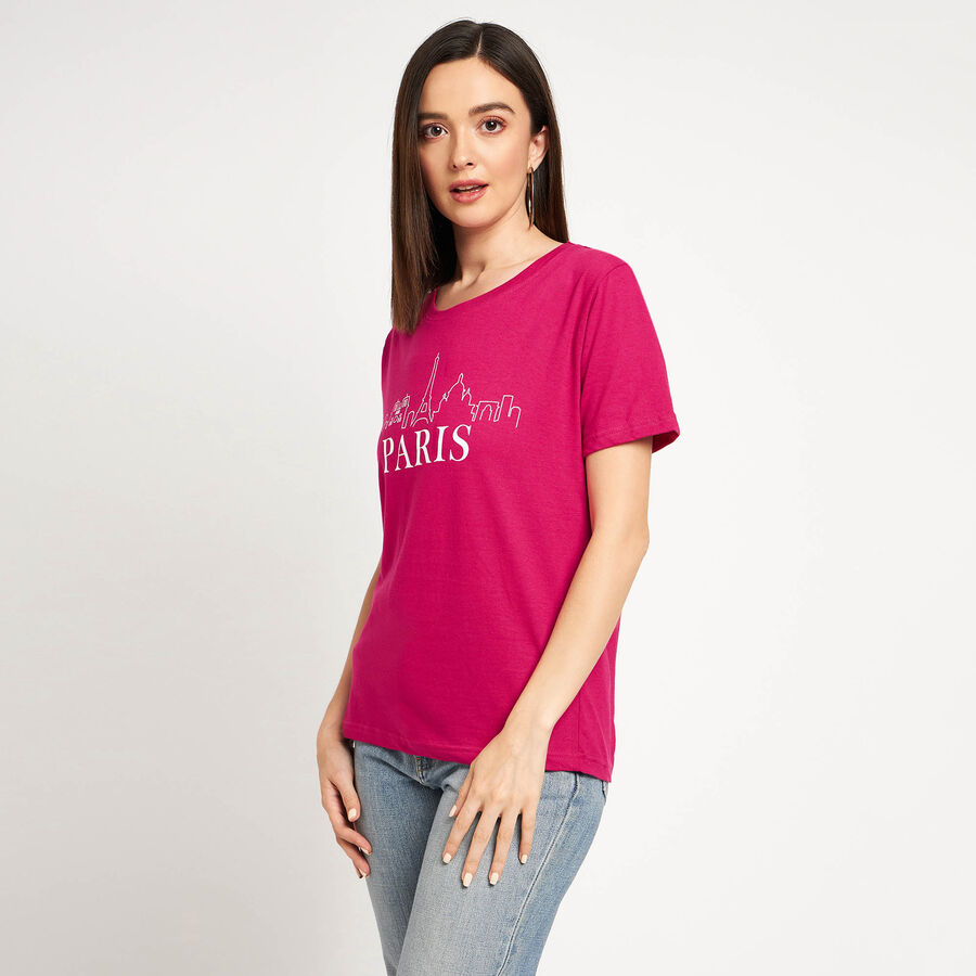 Cotton Round Neck T-Shirt, Fuchsia, large image number null