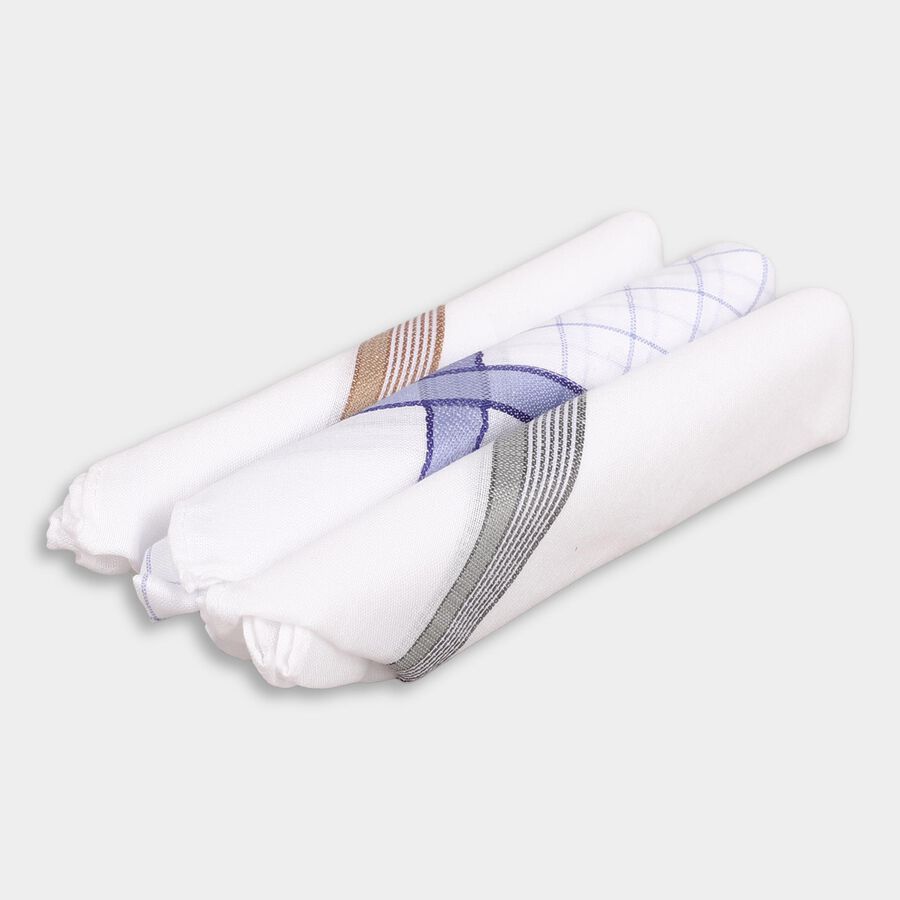 Men's White Cotton Checkered Handkerchief Pack of 3, Light Blue, large image number null