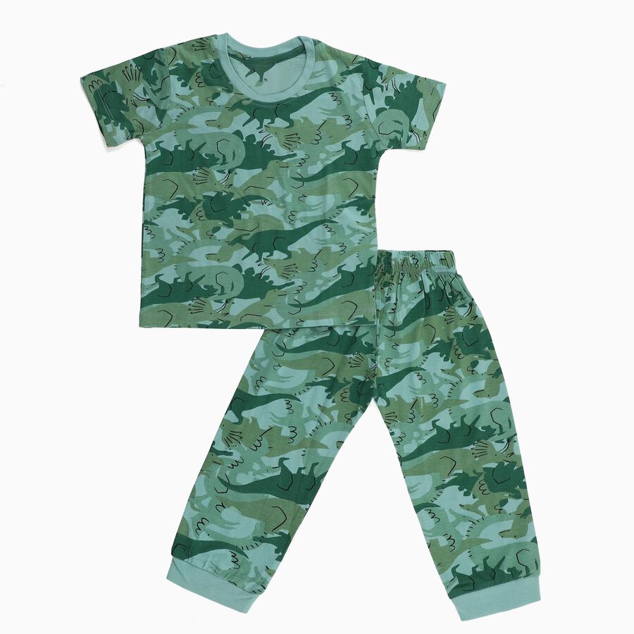 Boys Muted Sage Green Round Neck Cartoon Print Night Suit, ओलिव, large image number null