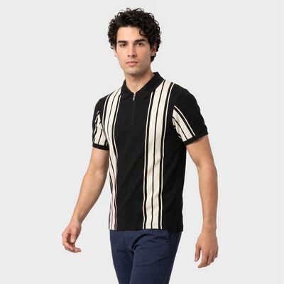 Men Black Polo Neck Striped T-Shirt