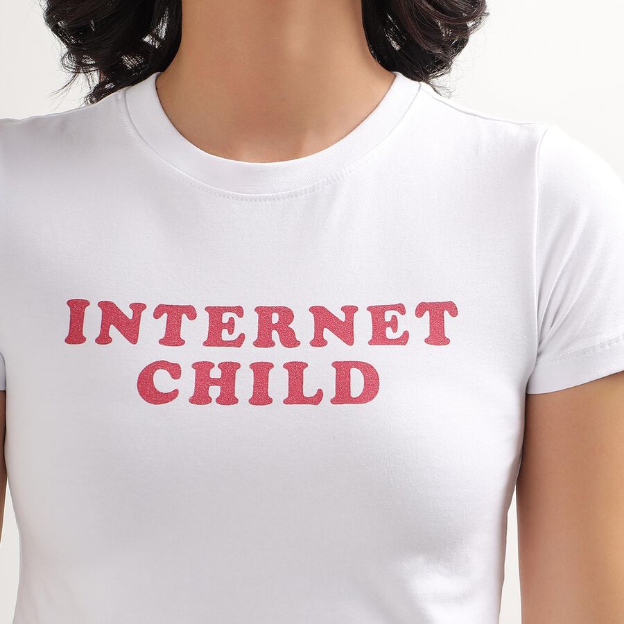 Ladies Bright White Round Neck Crop Top, White, large image number null