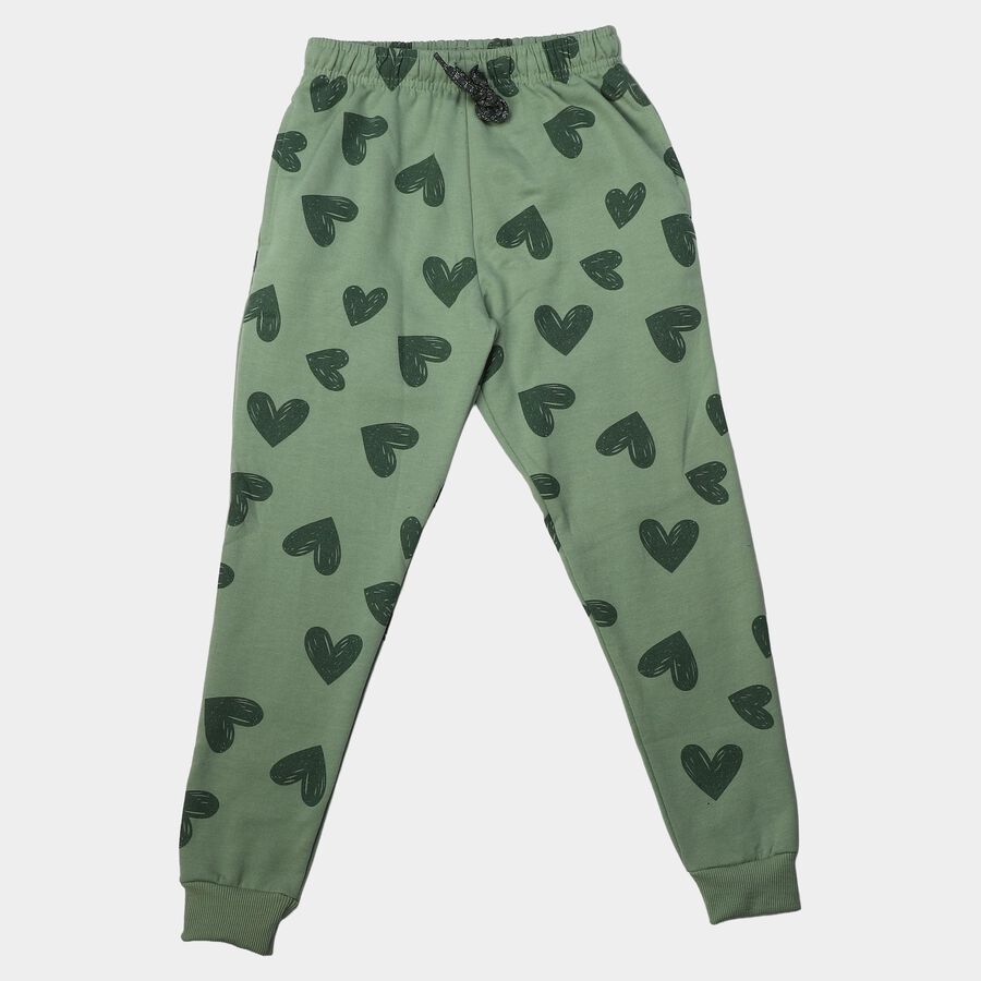 Girls' Sage Green Heart Printed Drawstring Pyjama, Light Green, large