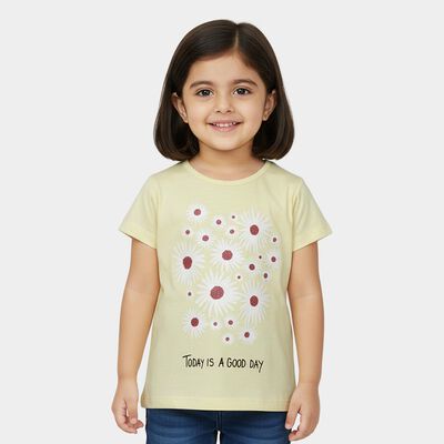 Girls' Yellow Cotton Round Neck Casual T-Shirt