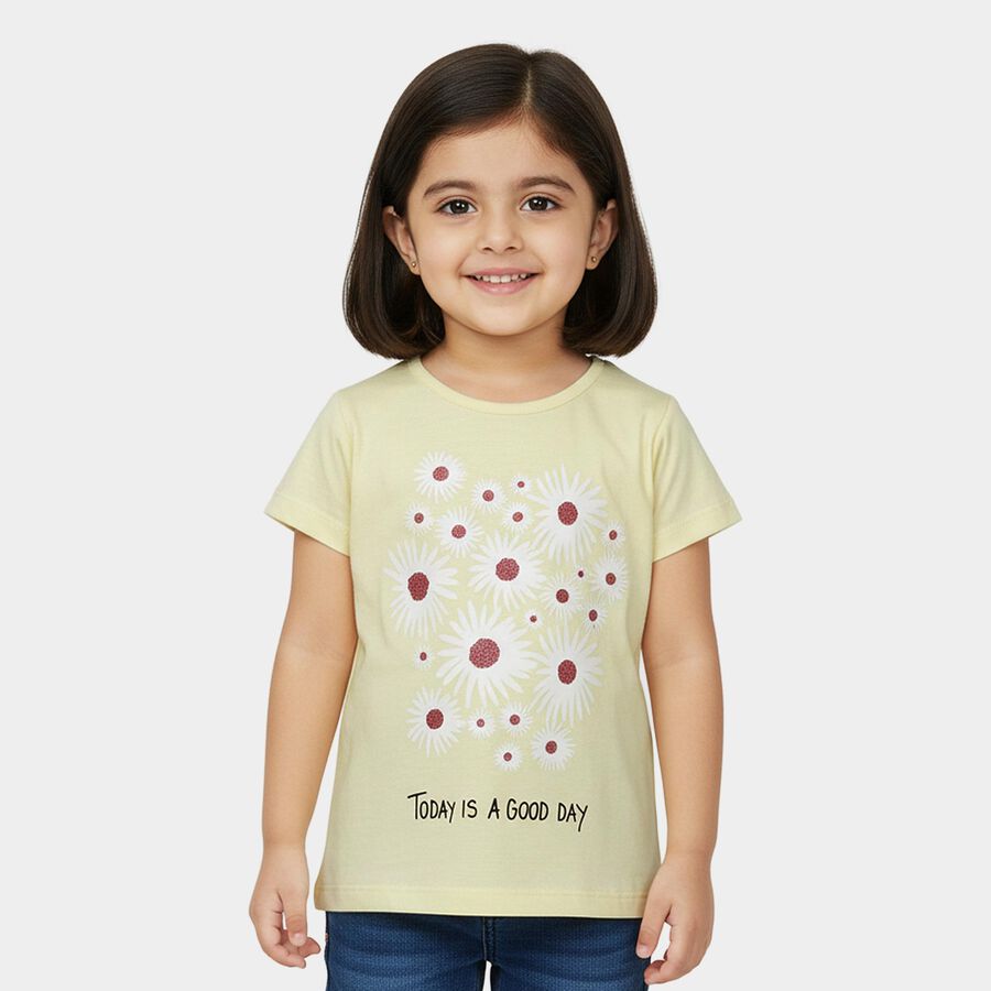 Girls' Yellow Cotton Round Neck Casual T-Shirt, पीला, large