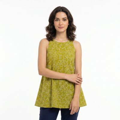 Women's Olive Green Cotton Round Neck Floral Printed Kurti