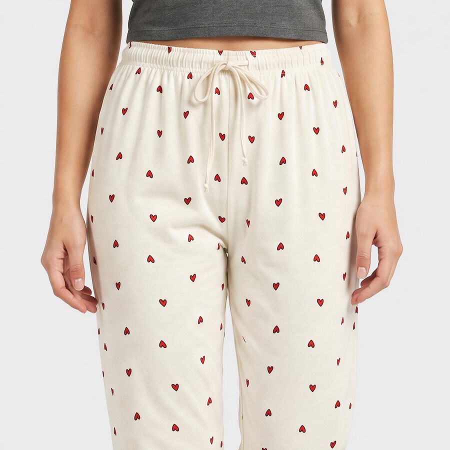 Women's Off White Straight Fit Heart Printed Pyjama, ऑफ व्हाइट, large