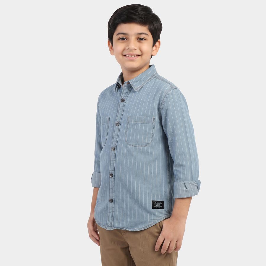 Boys' Blue Cotton Long Sleeve Collared Shirt, Mid Blue, large