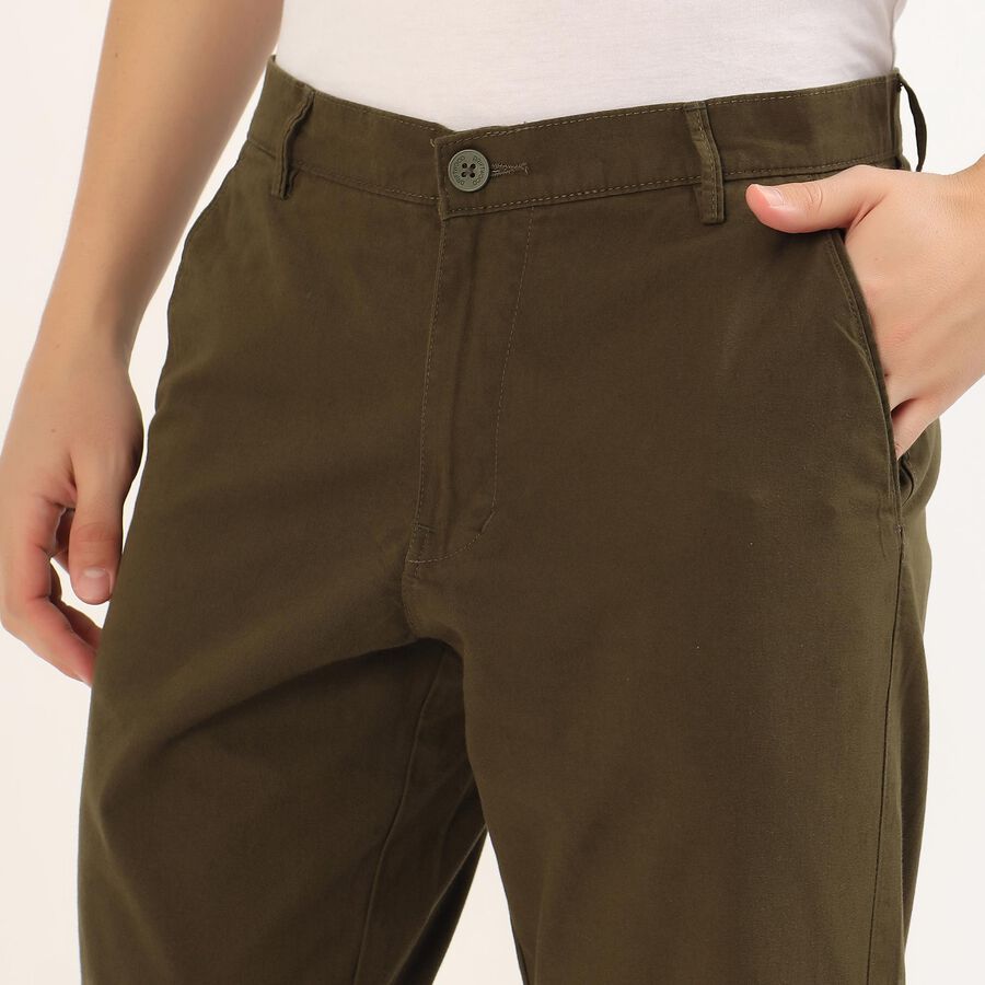 Men's Light Beige Slim Fit Flat-Front Casual Trousers, Olive, large