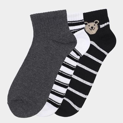 Women's Dark Charcoal Gray and Black Striped Ankle-Length Socks Pack of 3
