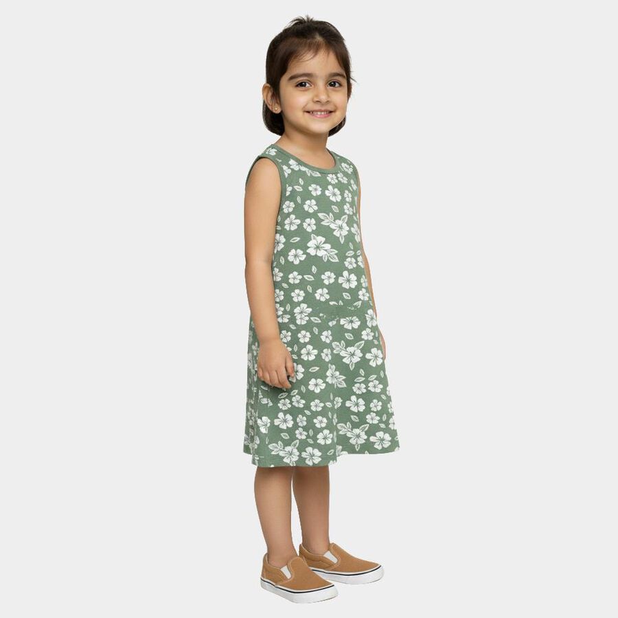 Girls' Muted Sage Green Floral Sleeveless A-Line Frock, Light Green, large image number null
