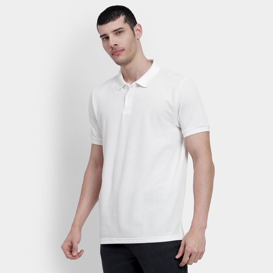 Men's White Polo Neck Textured T-Shirt, Off White, large image number null