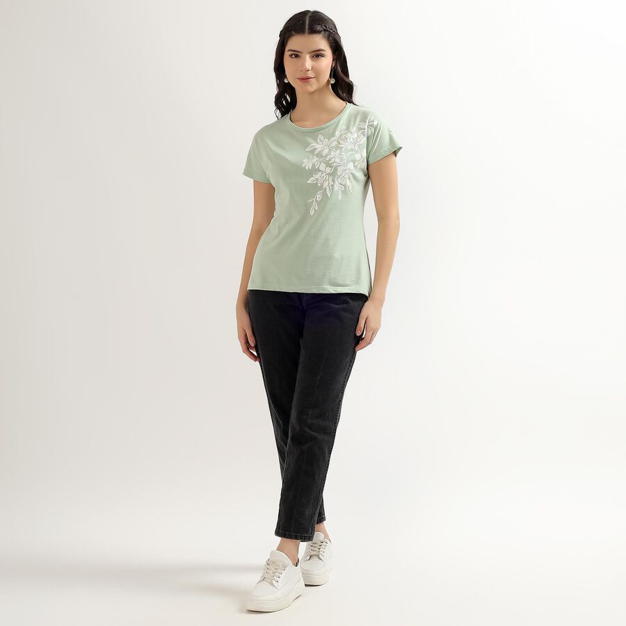 Women's Light Sage Green Round Neck Floral Print T-Shirt, Light Green, large image number null